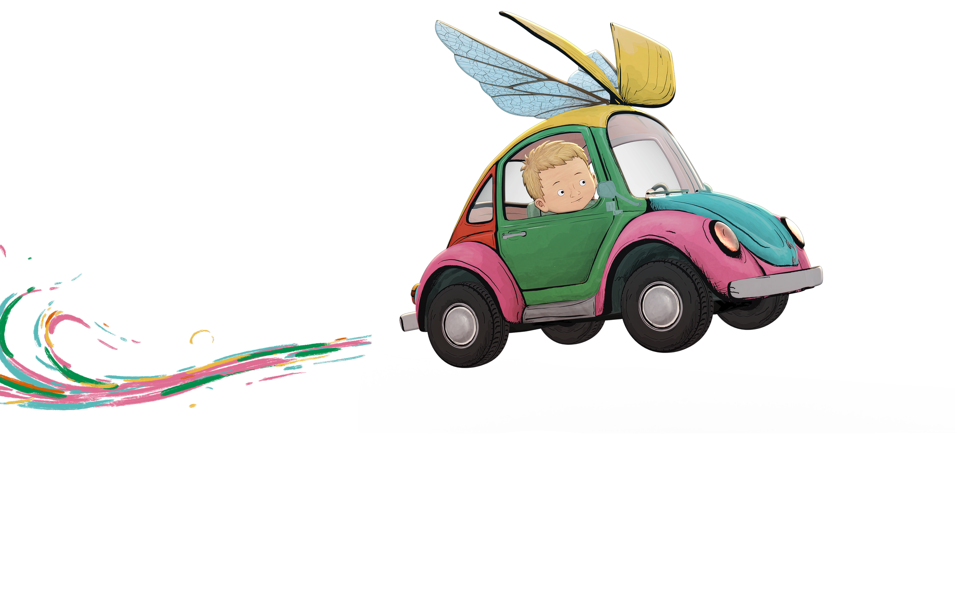 Auto Beetle létá s dítětem